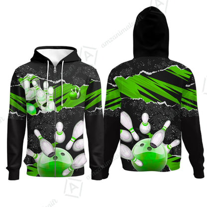 Personalized Bowling Zip Hoodie, Bowling Uniforms Ball & Pins Sport Pattern Custom Name And Team Name For Bowlers