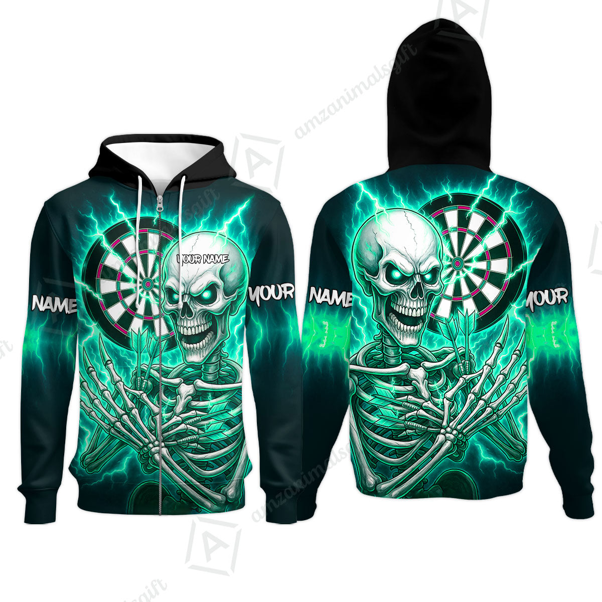 Custom Darts Team Zip Hoodie, Dartboard Electric Skeleton Darts Jersey Zip Hoodie, Custom Darts Uniforms Jersey
