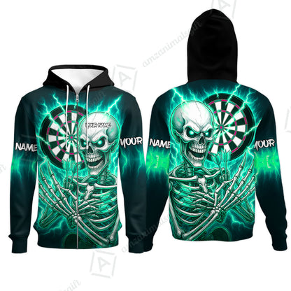 Custom Darts Team Zip Hoodie, Dartboard Electric Skeleton Darts Jersey Zip Hoodie, Custom Darts Uniforms Jersey