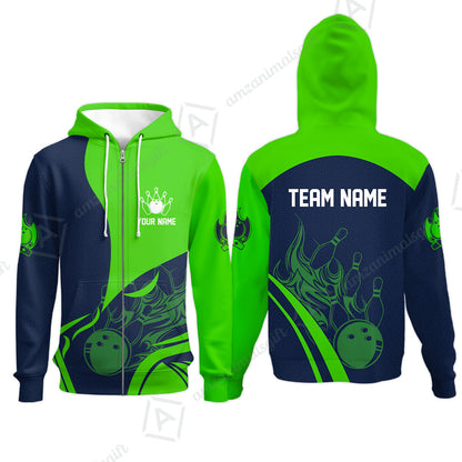 Customized Bowling Zip Hoodie, Flame Bowling Multicolor Custom Team Uniform Zip Hoodie, Jersey for Bowlers