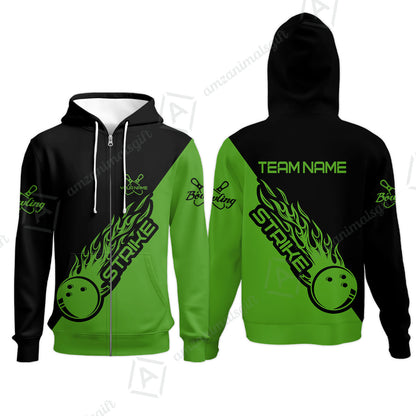 Bowling Customized Jersey Black Green Shirt Strike Ball Bowling Tenpin Quarter Zip Shirt For Bowlers, Bowling Team
