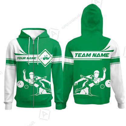 Customized Bowling Zip Hoodie, Men And Women Playing Bowling Ball Zip Hoodie Uniform Multicolor For Bowlers