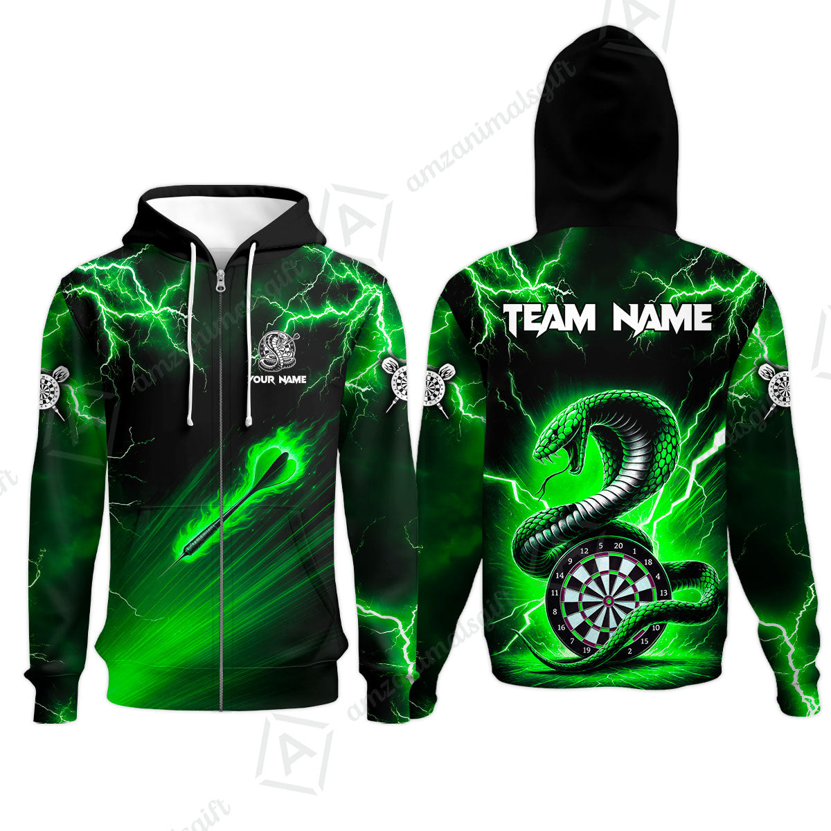 Customized Darts Zip Hoodie, Darts Thunder Lightning Cobra Snake Multicolor Zip Hoodie For Darts Player