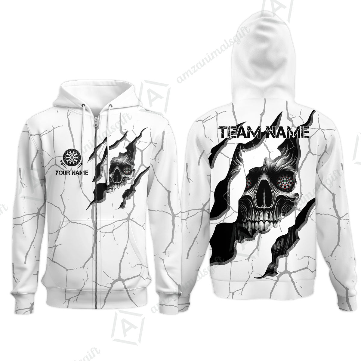 Customized Darts Zip Hoodie, Torn-Up Skull Dartboard Eyes Darts Zip Hoodie Team Style Jersey for Darts Players