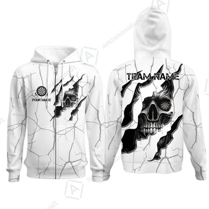 Customized Darts Zip Hoodie, Torn-Up Skull Dartboard Eyes Darts Zip Hoodie Team Style Jersey for Darts Players