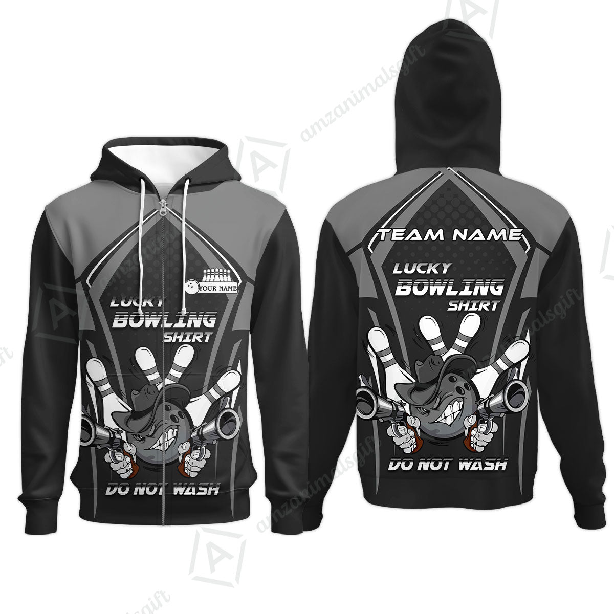 Customized Bowling Team Zip Hoodie, Lucky Bowling Shirt Do Not Wash Bowling Ball Aiming Guns, Personalized Name Bowling Shirt