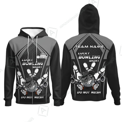 Customized Bowling Team Zip Hoodie, Lucky Bowling Shirt Do Not Wash Bowling Ball Aiming Guns, Personalized Name Bowling Shirt