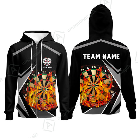 Customized Darts Team Zip Hoodie, Dartboard In Flame Polo Shirt Personalized Name And Team Name For Darts League