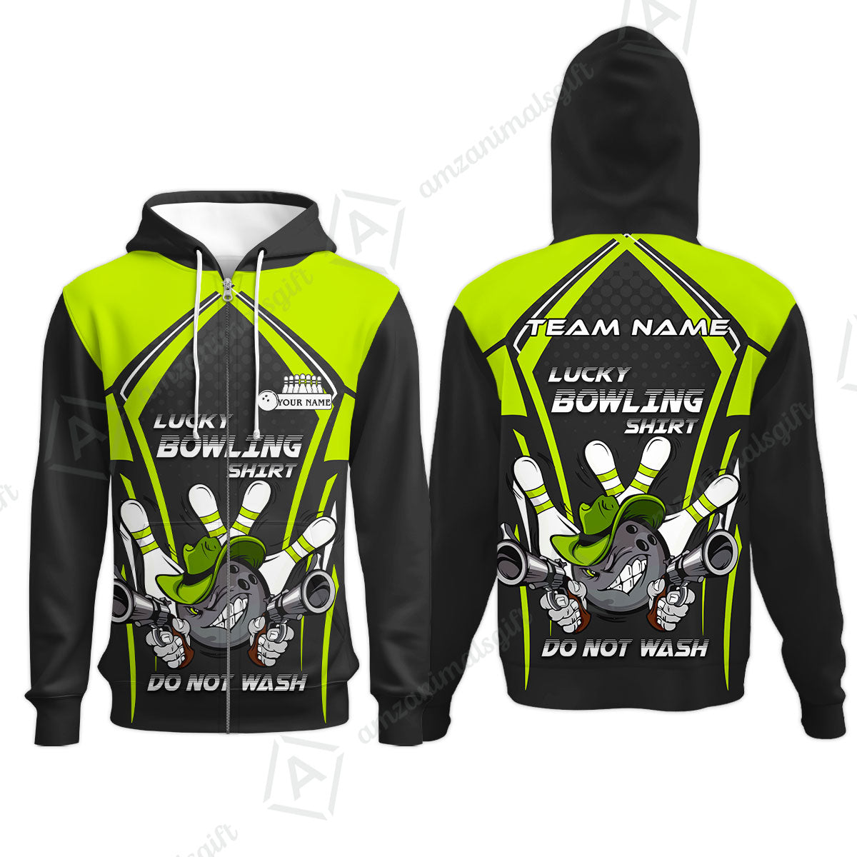 Customized Bowling Team Zip Hoodie, Lucky Bowling Shirt Do Not Wash Bowling Ball Aiming Guns, Personalized Name Bowling Shirt