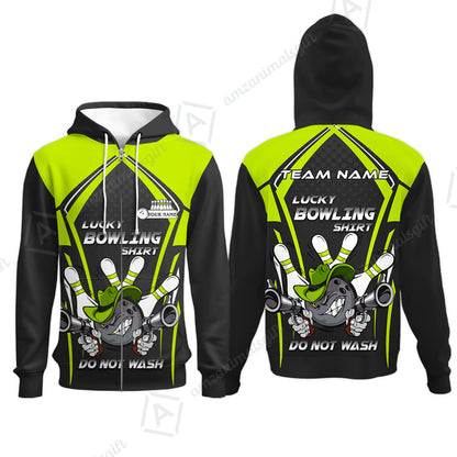 Customized Bowling Team Zip Hoodie, Lucky Bowling Shirt Do Not Wash Bowling Ball Aiming Guns, Personalized Name Bowling Shirt