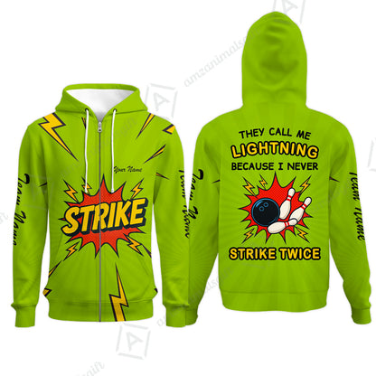Customized Bowling Team Zip Hoodie, They Call Me Lightning Because I Never Strike Twice Comic Style Zip Hoodie