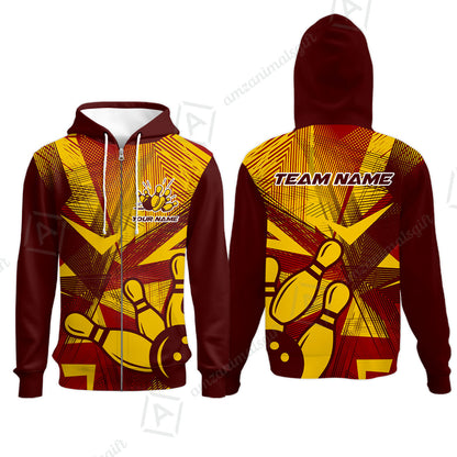 Customized Bowling Zip Hoodie, Bowling Ball And Pins Esports Pattern Zip Hoodie Uniform For Bowlers