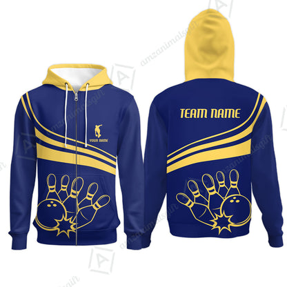 Bowling Customized Jersey Navy Shirt Gold Curve Bowling Tenpin Quarter Zip Shirt, Outfit For Bowlers, Bowling Team