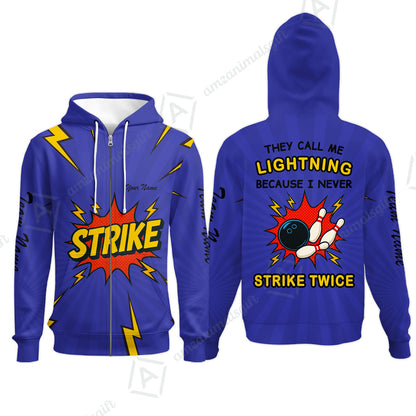 Customized Bowling Team Zip Hoodie, They Call Me Lightning Because I Never Strike Twice Comic Style Zip Hoodie