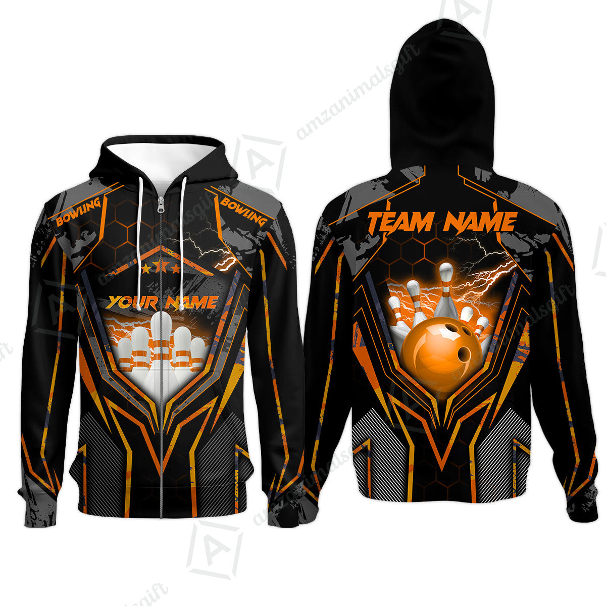 Customized Bowling Jersey, Bowling And Pins Abstract Grunge Texture X Multicolor Option Customized Name And Team Name Zipper Polo Jerseys Shirts