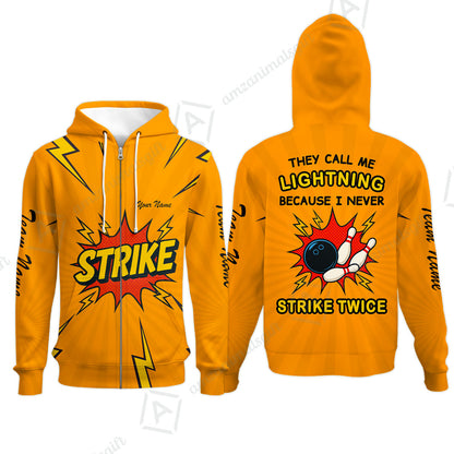 Customized Bowling Team Zip Hoodie, They Call Me Lightning Because I Never Strike Twice Comic Style Zip Hoodie