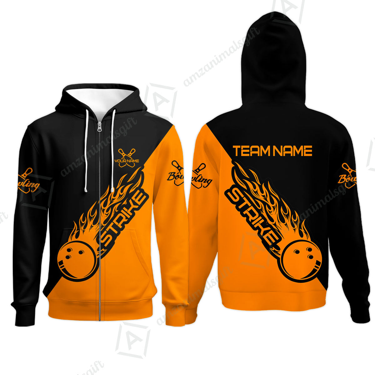 Bowling Customized Jersey Black Orange Shirt Strike Ball Bowling Tenpin Quarter Zip Shirt For Bowlers, Bowling Team