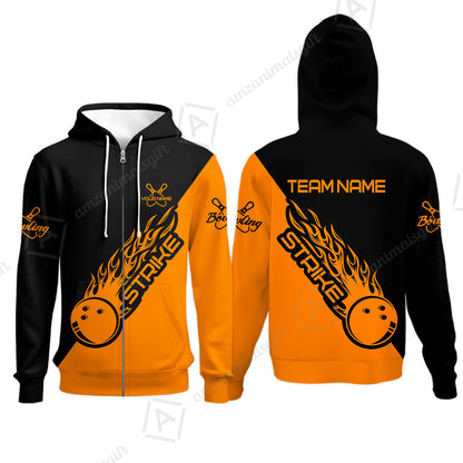Bowling Customized Jersey Black Orange Shirt Strike Ball Bowling Tenpin Quarter Zip Shirt For Bowlers, Bowling Team