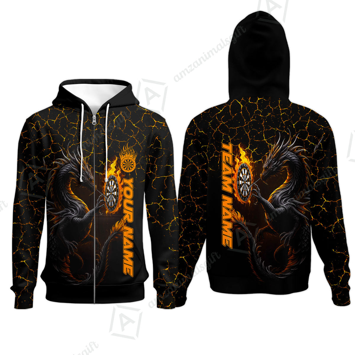 Customized Darts Zip Hoodie, Big Dragon Dartboard Flame Darts Zip Hoodie Team Style Jersey for Darts Players