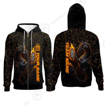 Customized Darts Zip Hoodie, Big Dragon Dartboard Flame Darts Zip Hoodie Team Style Jersey for Darts Players