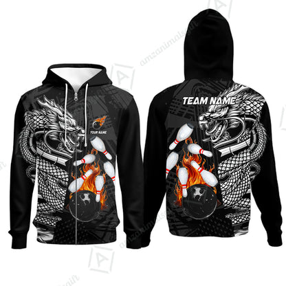 Custom Bowling Team Jerseys Polo Shirts, Bowling uniforms Bowling & Pins Dragon Flame Fire Multicolor Options Personalized Name And Team Name