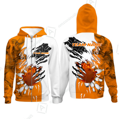 Customized Bowling Zip Hoodie, Bowling And Pins Plame Monster Hand Premium Multicolor Option Personalized Name And Team Zipper Polo Jerseys Shirts