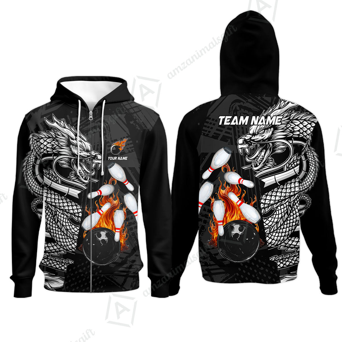 Custom Bowling Team Jerseys Polo Shirts, Bowling uniforms Bowling & Pins Dragon Flame Fire Multicolor Options Personalized Name And Team Name