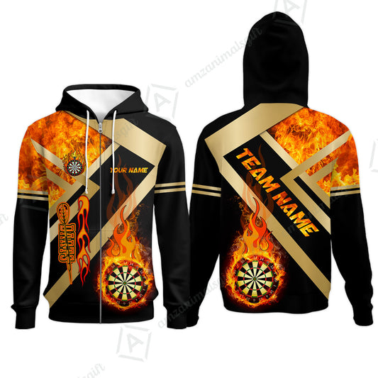 Customized Darts Zip Hoodie, Darts Dartboard Fire Flame Multicolor Team Zip Hoodie For Darts Players