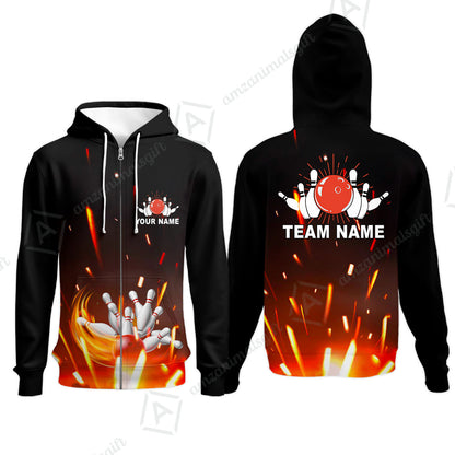 Custom Bowling Team Jerseys Polo Shirts, Bowling uniforms Flame Bowling Ball And Pins Short Sleeve Polo For Men Women Bowlers