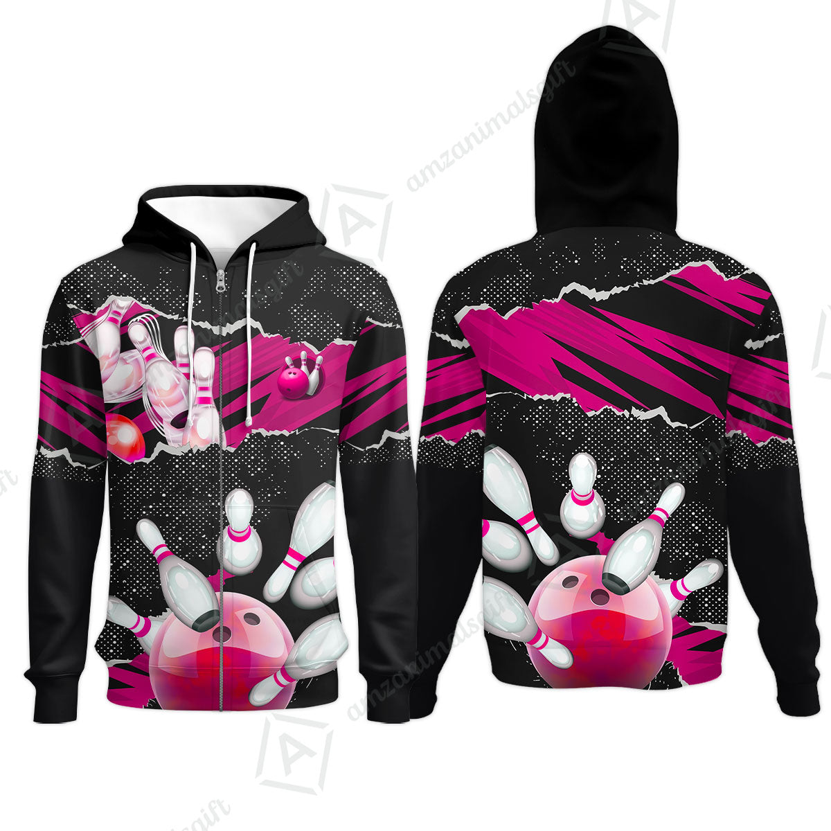 Personalized Bowling Zip Hoodie, Bowling Uniforms Ball & Pins Sport Pattern Custom Name And Team Name For Bowlers