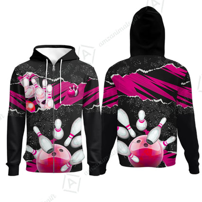 Personalized Bowling Zip Hoodie, Bowling Uniforms Ball & Pins Sport Pattern Custom Name And Team Name For Bowlers