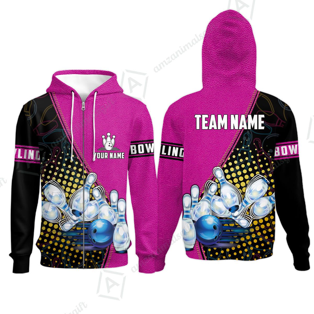 Custom Bowling Zip Hoodie - Black And Blue Bowling Ball Pattern Personalized Name Zip Hoodie