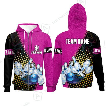 Custom Bowling Zip Hoodie - Black And Blue Bowling Ball Pattern Personalized Name Zip Hoodie