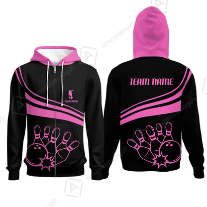 Bowling Customized Jersey Black Shirt Pink Curve Bowling Tenpin Quarter Zip Shirt, Outfit For Bowlers, Bowling Team