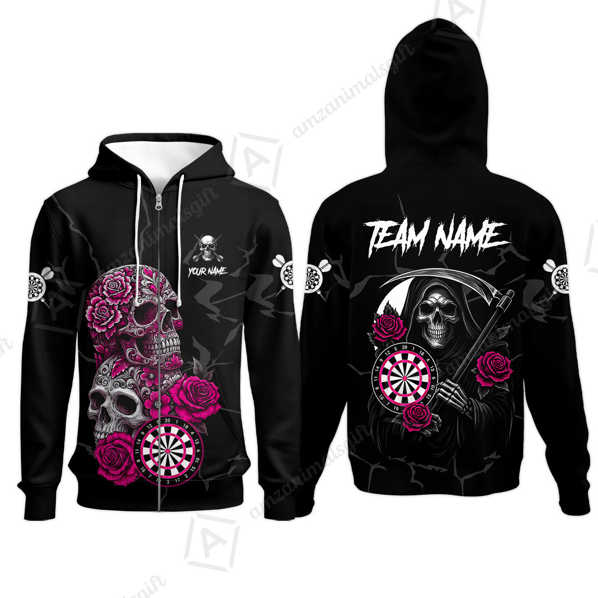 Customized Darts Zip Hoodie, Darts Turquoise Skull Roses Dartboard Zip Hoodie Style Jersey for Darts Players