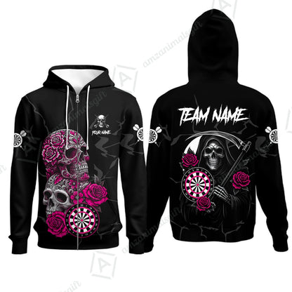 Customized Darts Zip Hoodie, Darts Turquoise Skull Roses Dartboard Zip Hoodie Style Jersey for Darts Players