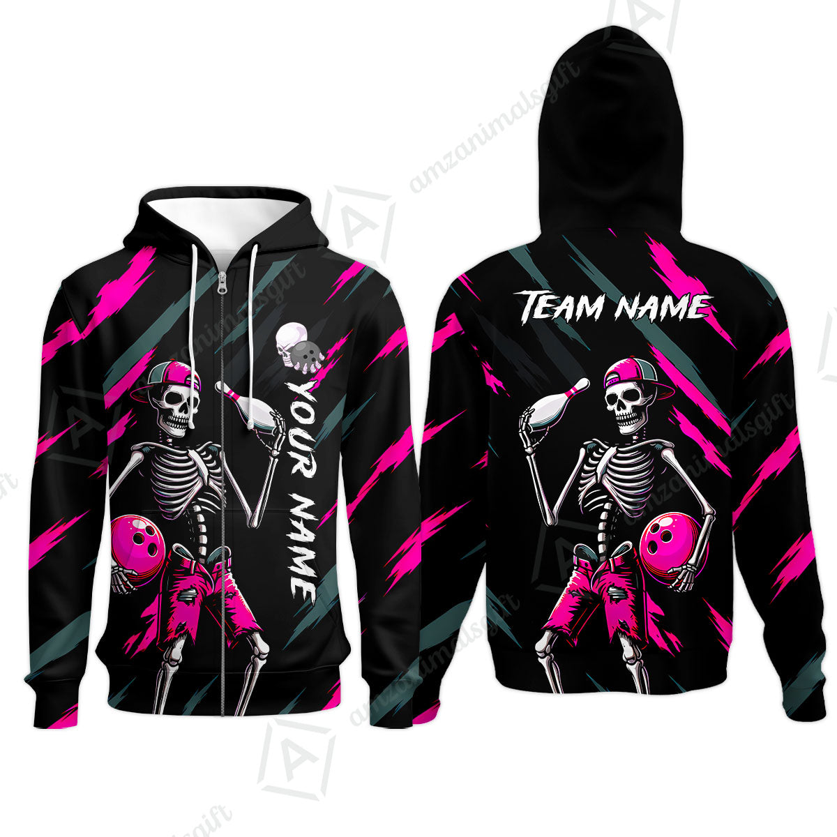 Customized Bowling Shirt, Bad Boy Skeleton Bowler, Personalized Polo Shirt For Players With Name & Team Name