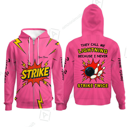Customized Bowling Team Zip Hoodie, They Call Me Lightning Because I Never Strike Twice Comic Style Zip Hoodie