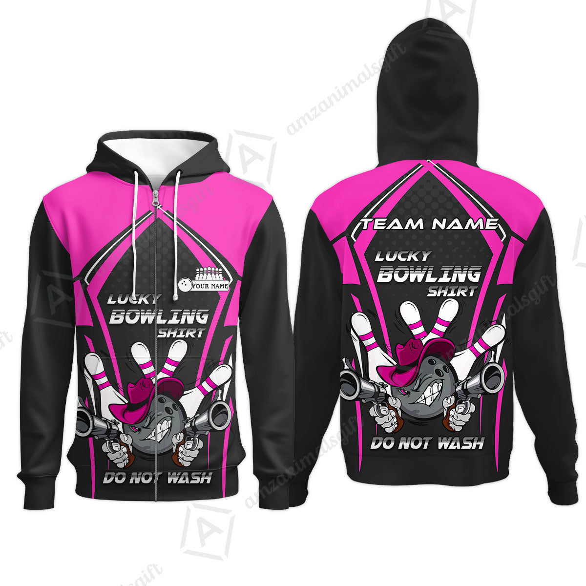 Customized Bowling Team Zip Hoodie, Lucky Bowling Shirt Do Not Wash Bowling Ball Aiming Guns, Personalized Name Bowling Shirt