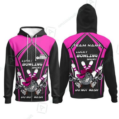 Customized Bowling Team Zip Hoodie, Lucky Bowling Shirt Do Not Wash Bowling Ball Aiming Guns, Personalized Name Bowling Shirt
