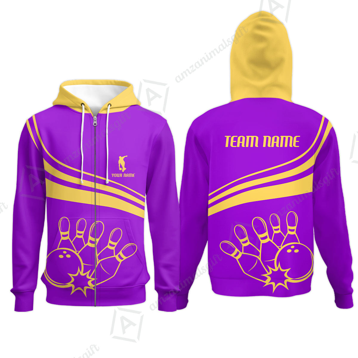 Bowling Customized Jersey Purple Shirt Gold Curve Bowling Tenpin Quarter Zip Shirt, Outfit For Bowlers, Bowling Team