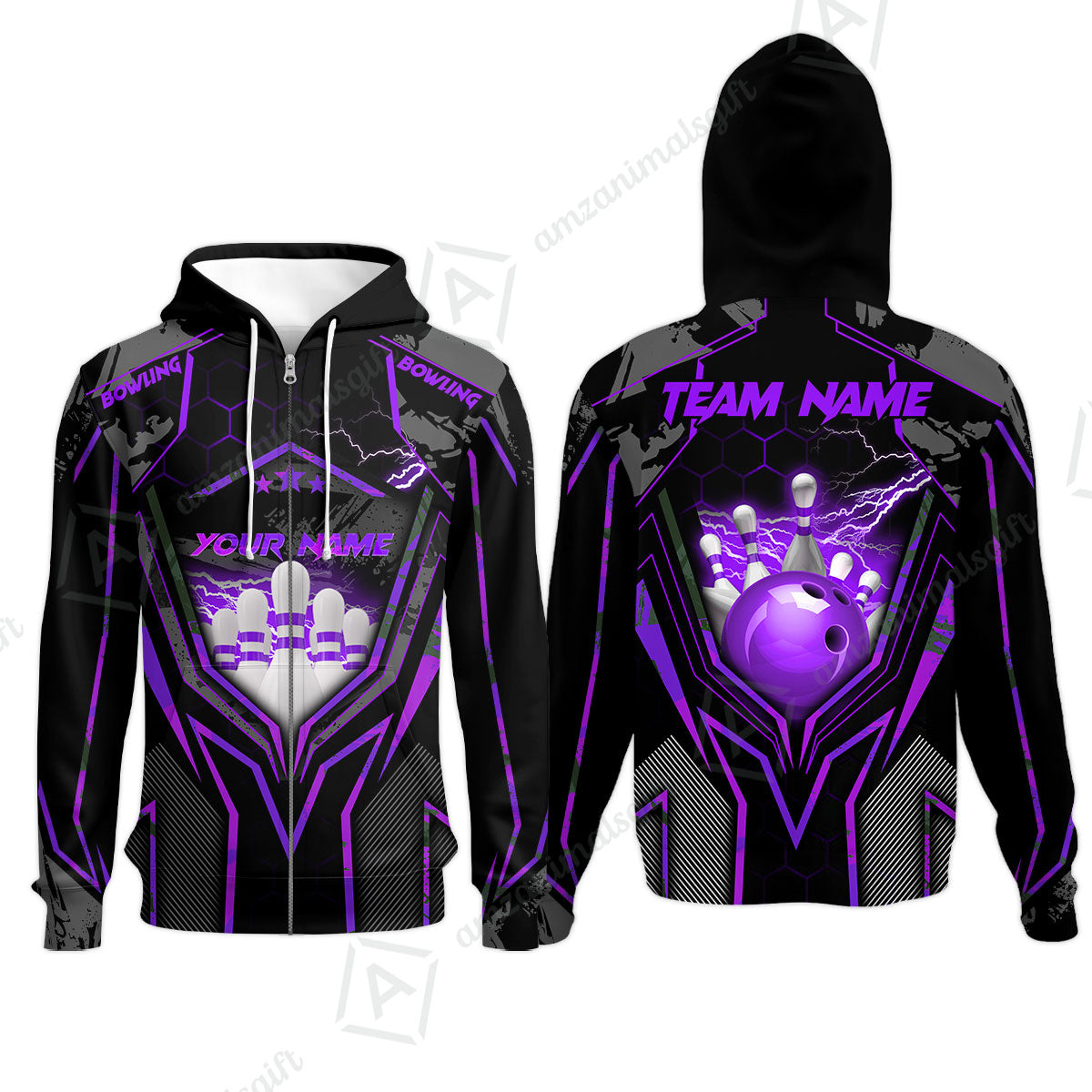 Customized Bowling Jersey, Bowling And Pins Abstract Grunge Texture X Multicolor Option Customized Name And Team Name Zipper Polo Jerseys Shirts