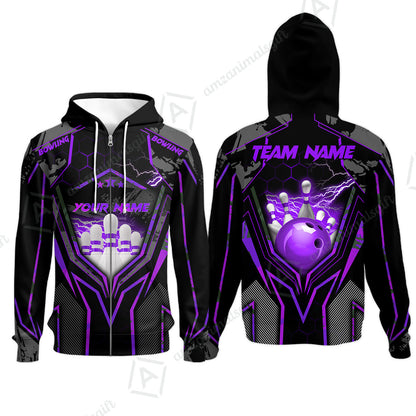 Customized Bowling Jersey, Bowling And Pins Abstract Grunge Texture X Multicolor Option Customized Name And Team Name Zipper Polo Jerseys Shirts