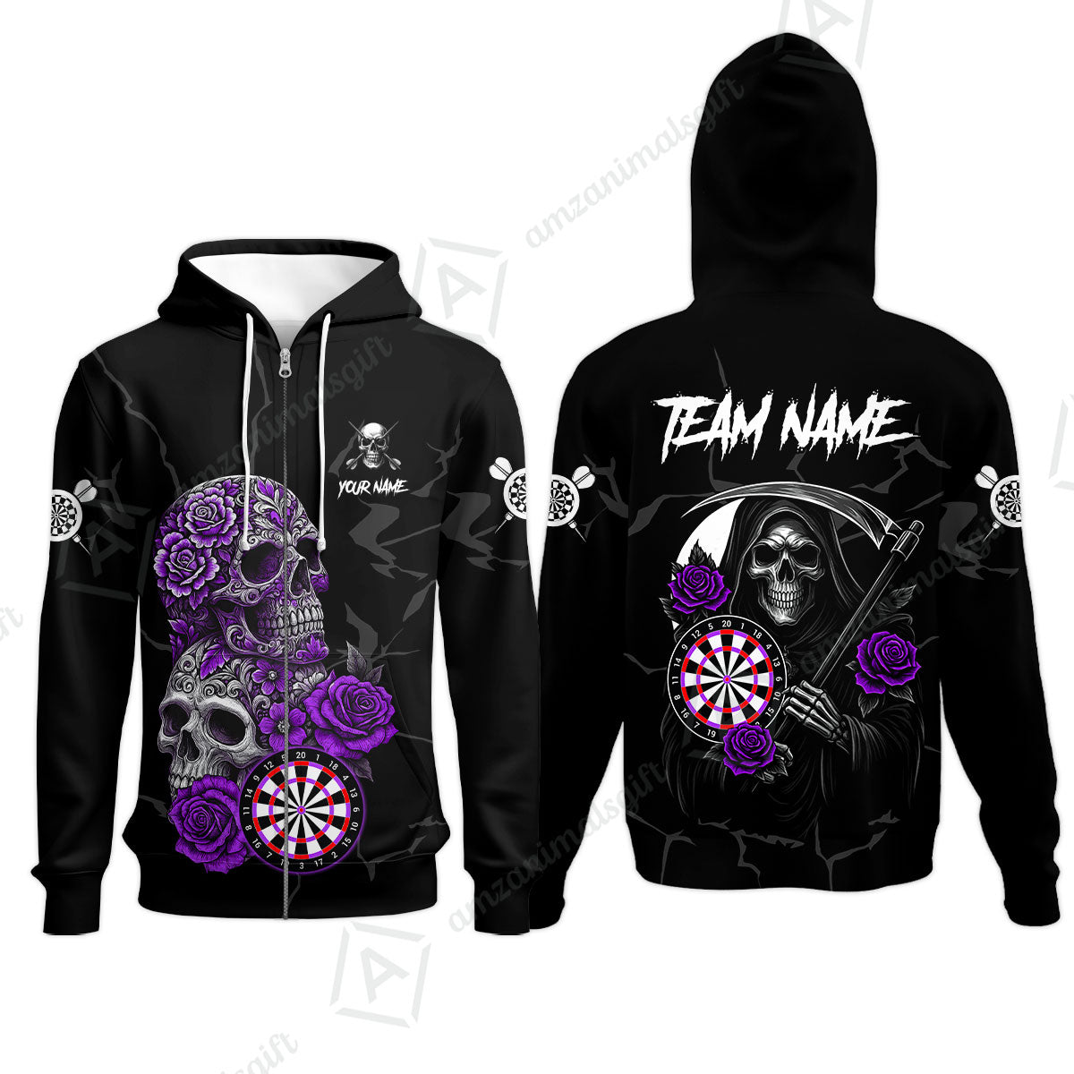 Customized Darts Zip Hoodie, Darts Turquoise Skull Roses Dartboard Zip Hoodie Style Jersey for Darts Players