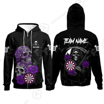 Customized Darts Zip Hoodie, Darts Turquoise Skull Roses Dartboard Zip Hoodie Style Jersey for Darts Players