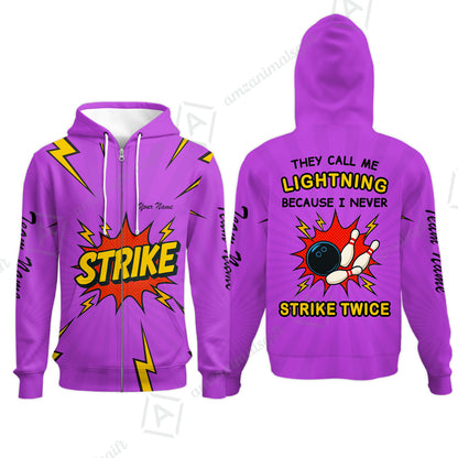 Customized Bowling Team Zip Hoodie, They Call Me Lightning Because I Never Strike Twice Comic Style Zip Hoodie