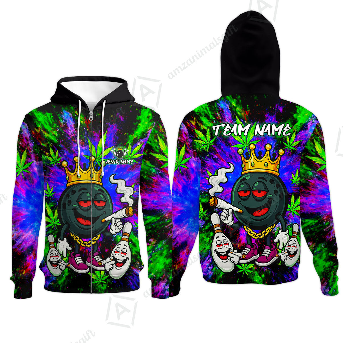 Custom Bowling Team Flat Neck Zip Jersey Shirt, King Smoke Tie-Dye Personalized Team Shirt, Custom Name and Team Name for Bowlers