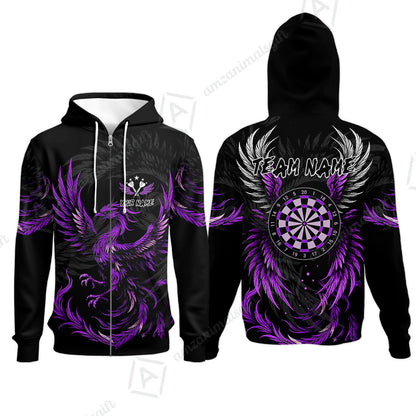 Custom Darts Team Zip Hoodie, Phoenix Dartboard Wings Darts Jersey Zip Hoodie, Custom Name And Team Name Darts Uniforms Jersey