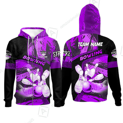 Custom Bowling Team Quater-Zip Polo Shirts, Bowling Uniforms Jerseys Brush Patterns, Multi Colors Personalized Name And Team Name