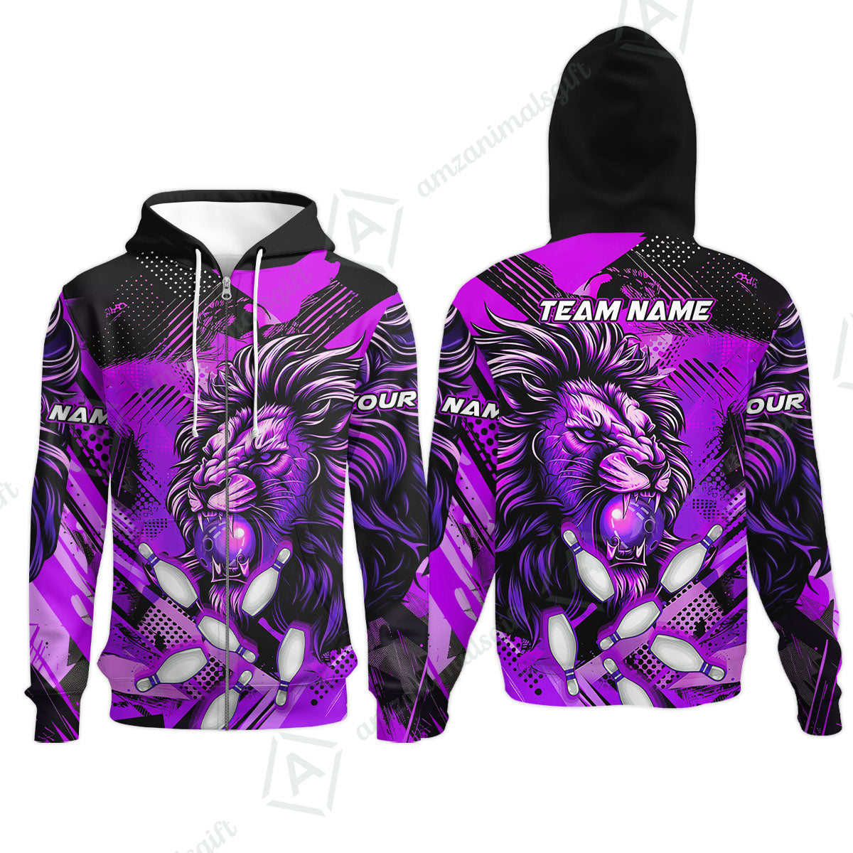 Custom Bowling Team Jerseys Shirts, Bowling uniforms Ball & Pins Lion Pattern Personalized Name And Team Name